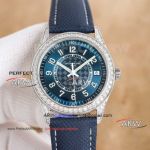 Best replica Patek Philippe silver diamond case blue leather strap watch 